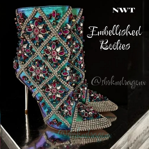 Azalea Wang Iridescent Art Deco Crystal Beaded Dress Stiletto Booties - Picture 17 of 17